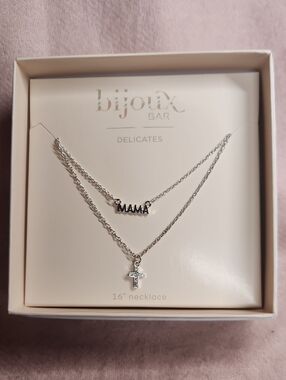 Bijoux Bar Silver 'MAMA' Layered Necklace with Cross Pendant